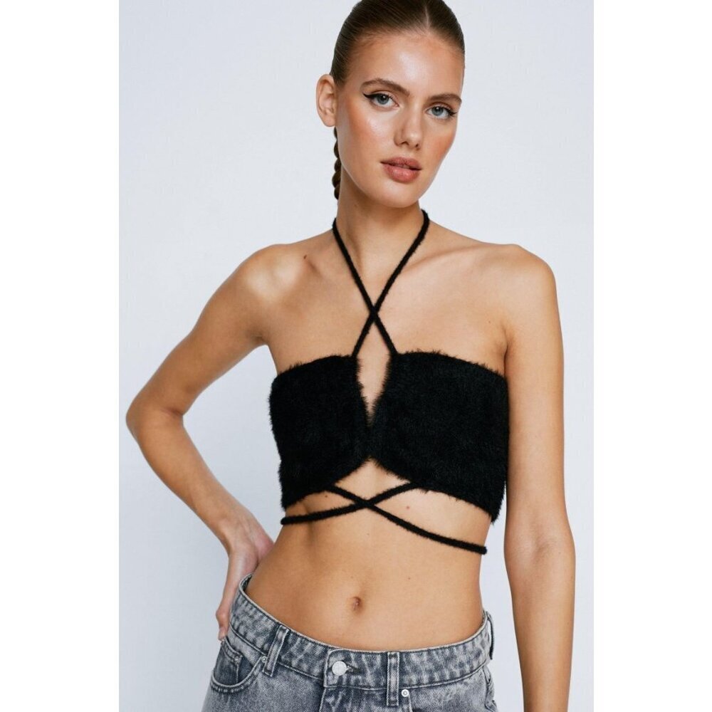 Nasty Gal Black Fluffy Flossed Waist Knitted Faux Fur Bandeau Crop Top S